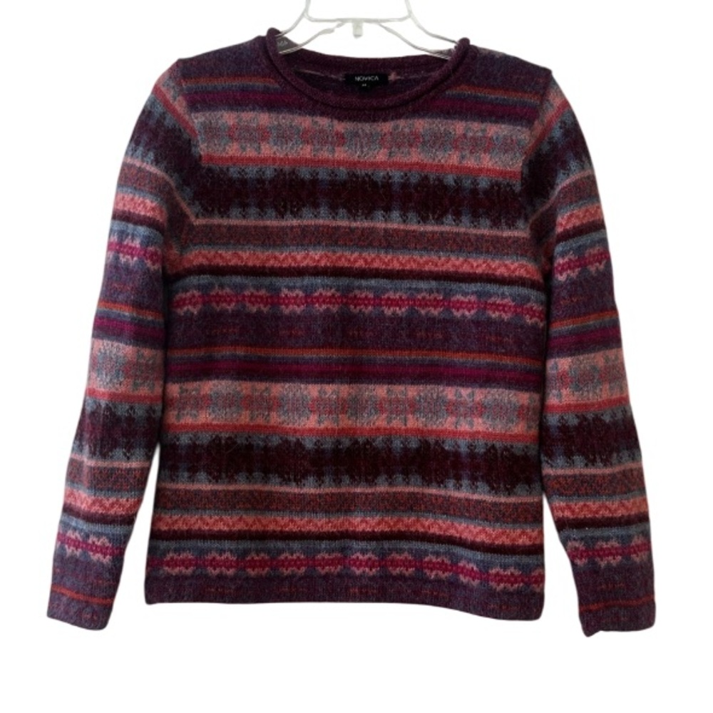 Novica 100% Alpaca Sweater fair isle Handcrafted in Peru M burgundy purple red